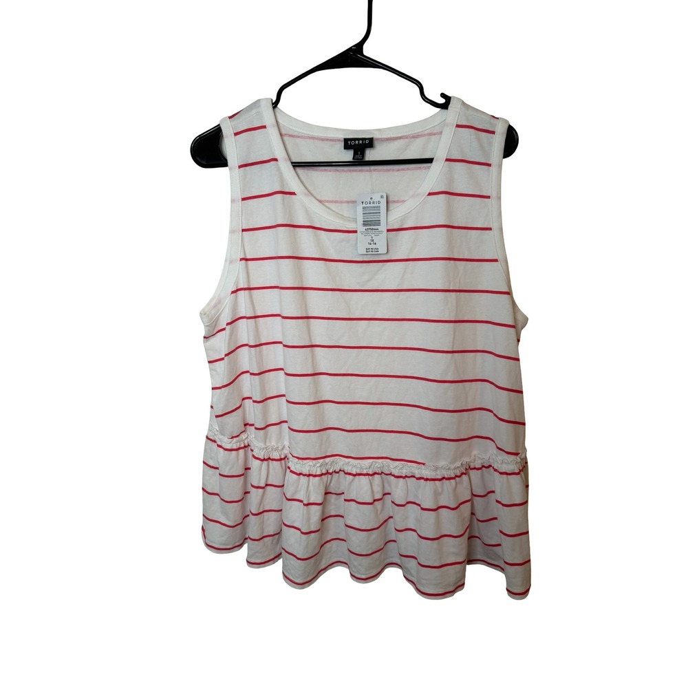 Torrid Womens 1X White Red Stripe Kai Baby Doll Peplum Sleeveless Tank Top NWT